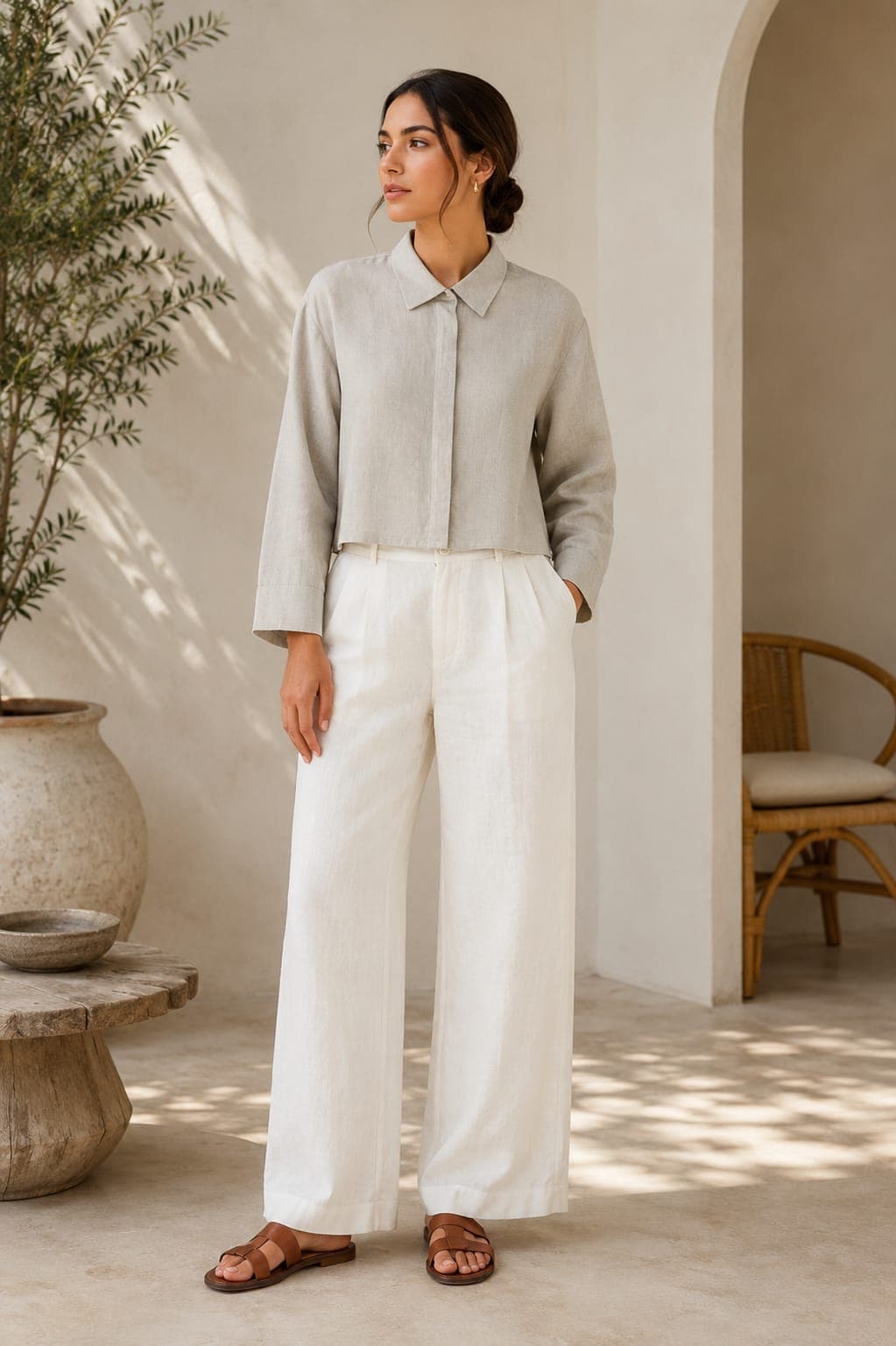 Oatmeal linen co-ord set - cropped shirt and wide-leg trousers