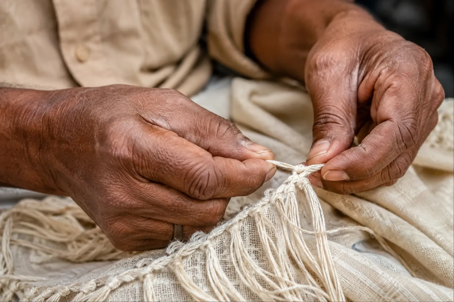 Artisan hand-finishing textile detail at Zed Aar Exports