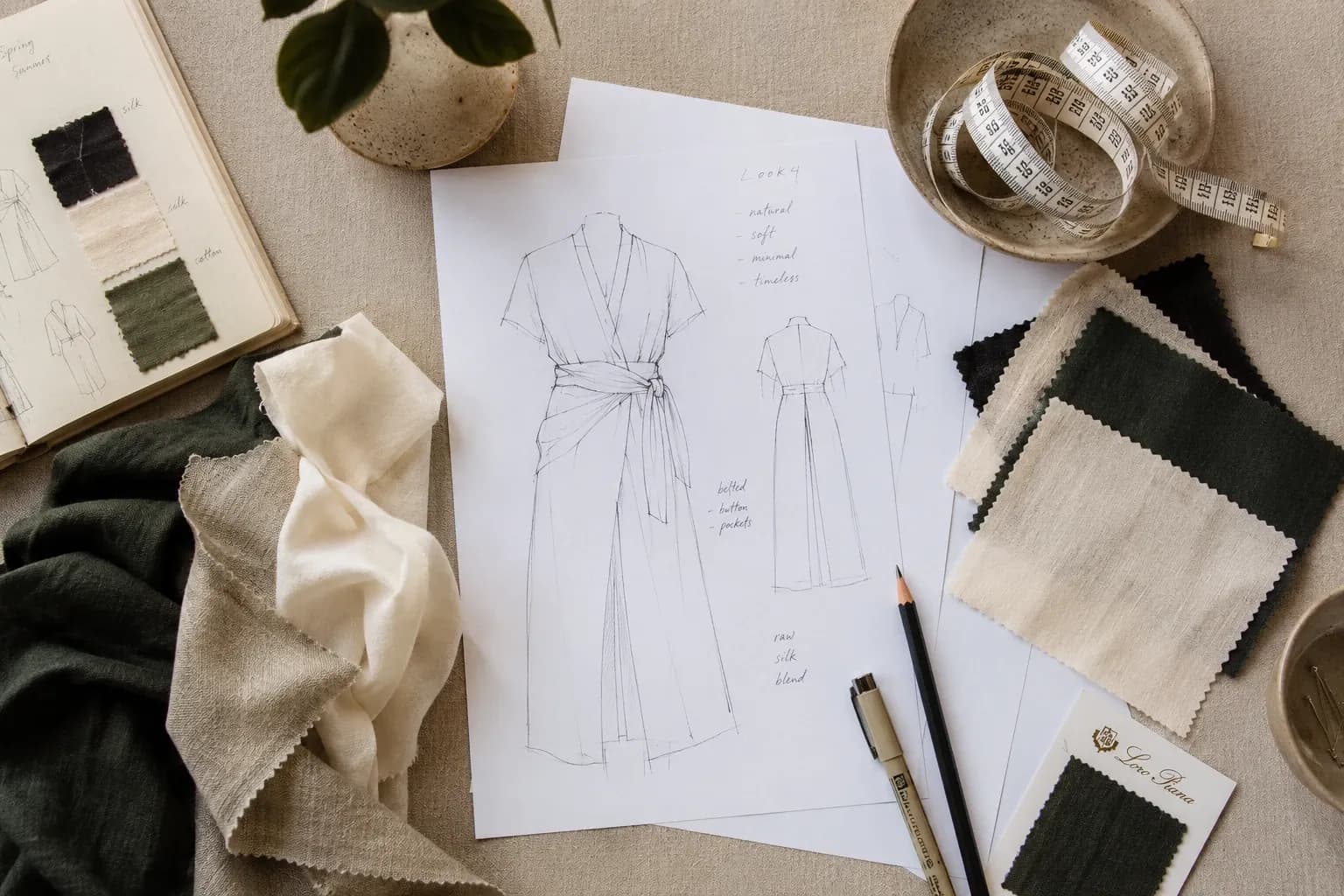 Design sketches and fabric swatches laid out for sampling
